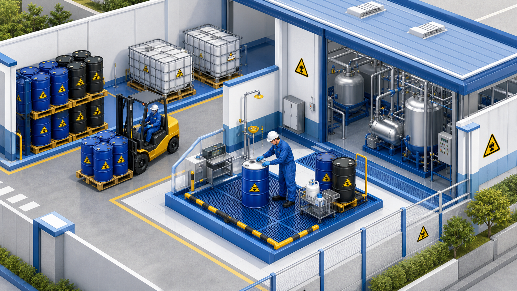 Illustration of sealed industrial containers, controlled handling, and waste pre-processing infrastructure
